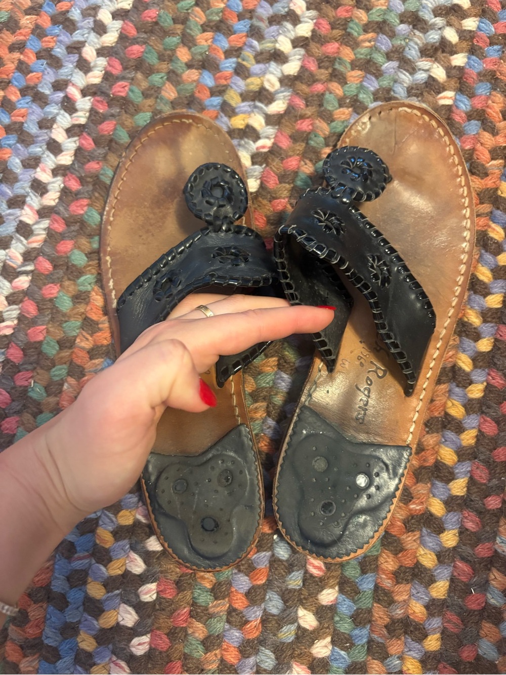 Jack Rogers Black Leather Whipstitch Thong Sandals